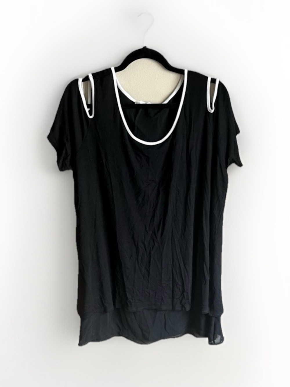 Ava James Womens 2X Black Cold Shoulder Layered Top White Trim ST#6-AV459BB
